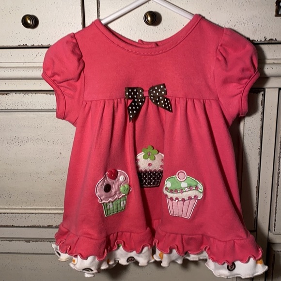 Rare Editions cupcake ruffle bottom ribbon bow pink shortsleeve shirt size 12M​ - Picture 3 of 7